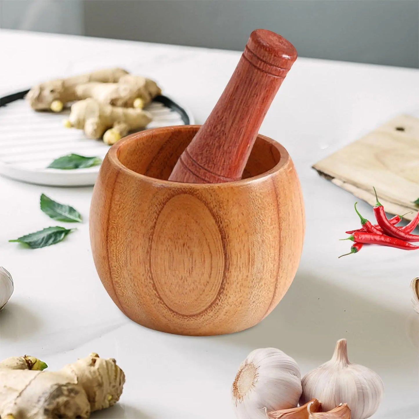 Wooden Mortar and Pestle Set,Rustic Handmade Mortar